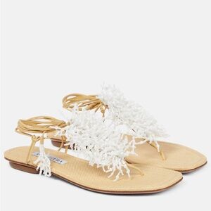 Aquazzura PANAREA Tan and White Beaded Women's Gladiator Sandals Size 35